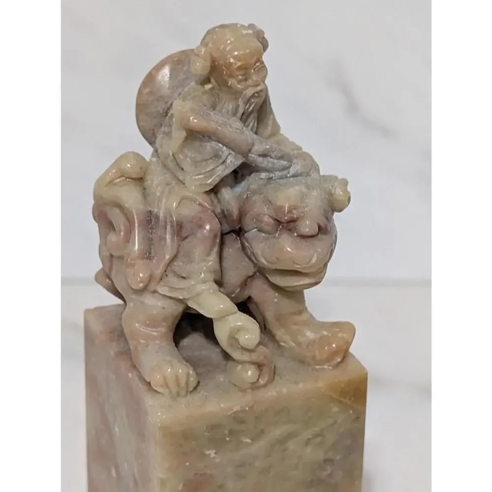 Chinese Carved Stone Figurine of a Man on a Mythical Creature Chung-Li Chuan